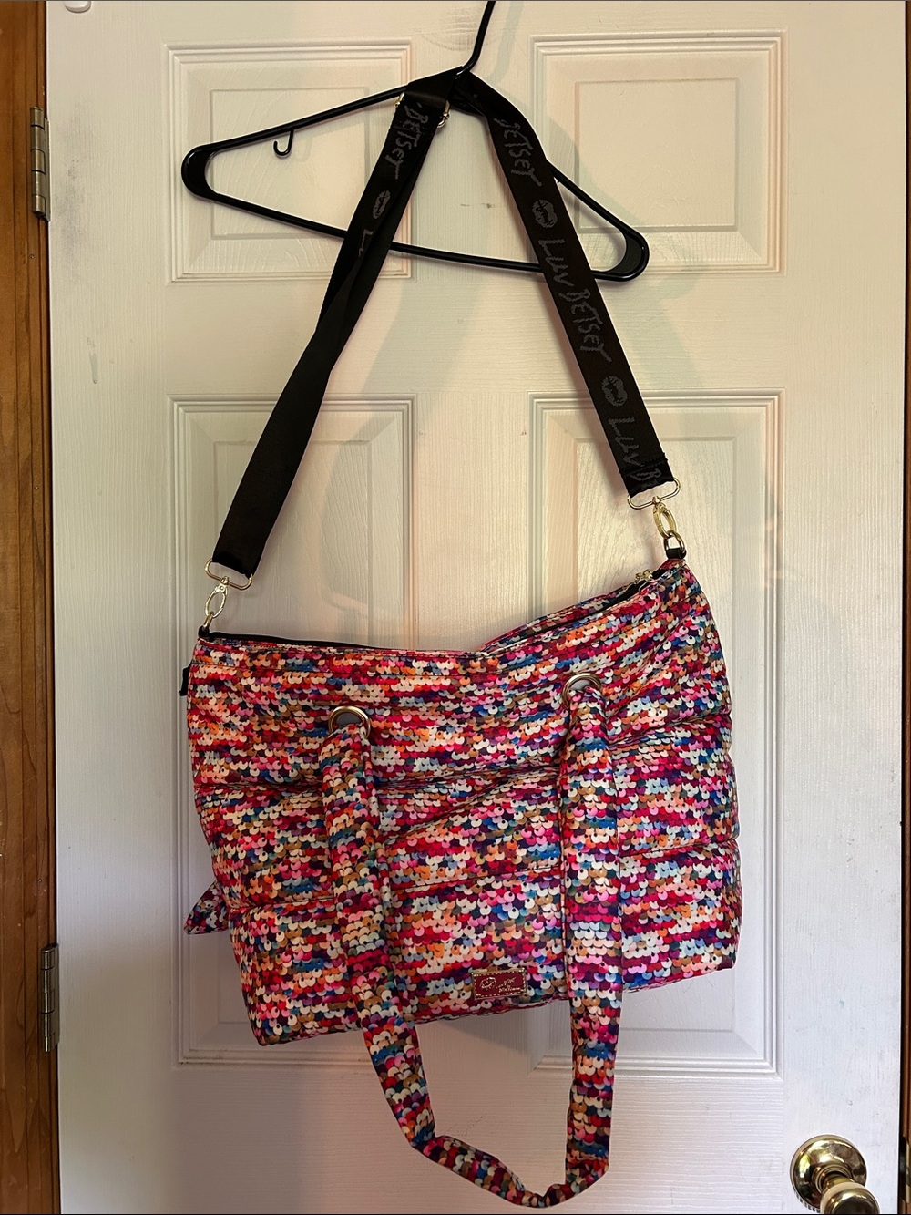 Betsey Johnson Multicolor Pink Red Blue Tote with Black Strap